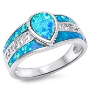 Stunning Pear Shape Blue Lab Created Opal Ring in Genuine 925 Sterling Silver